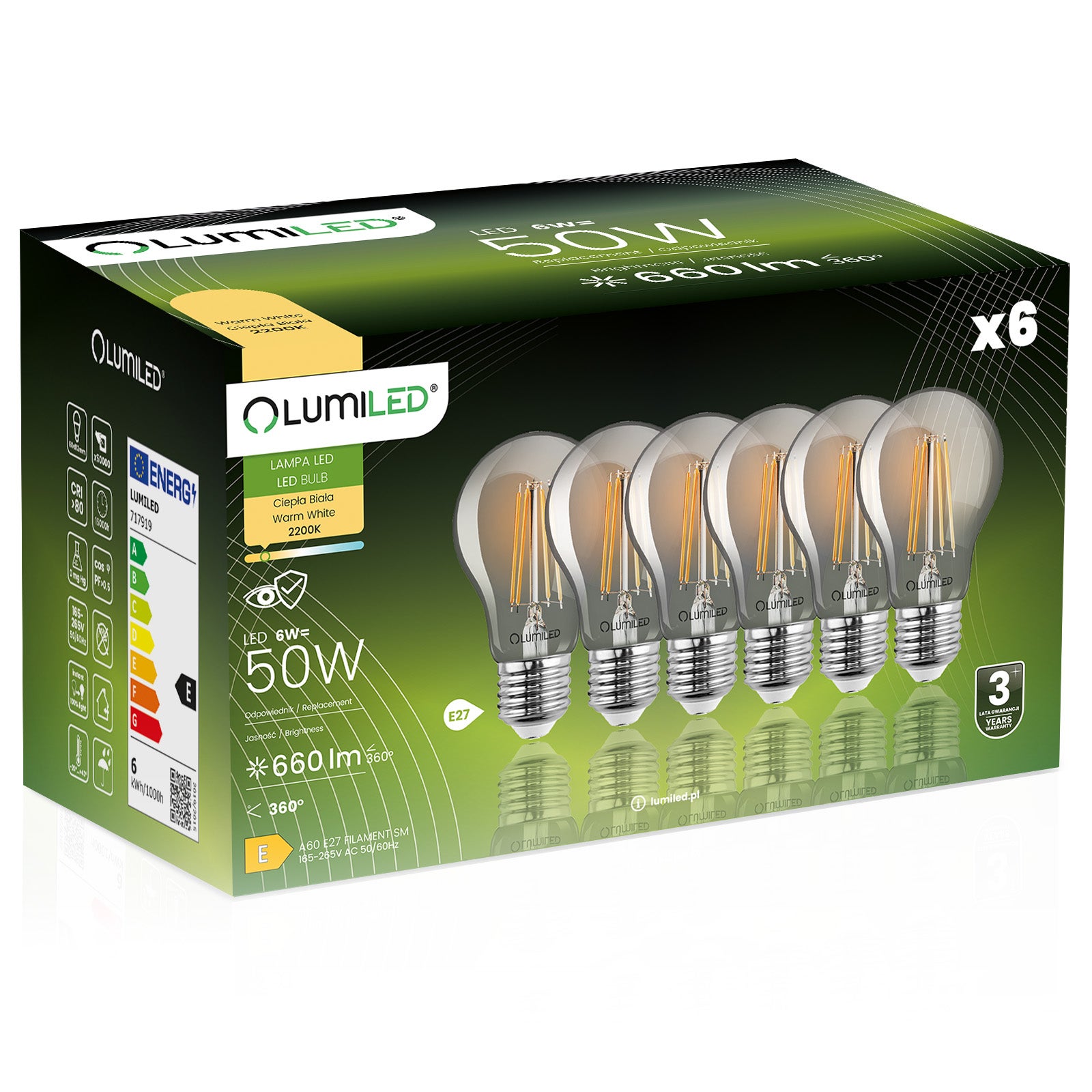 6x Żarówka Lumiled LED E27 A60 6W = 50W 660lm 2200K Ciepła 360st Dymiona Filament