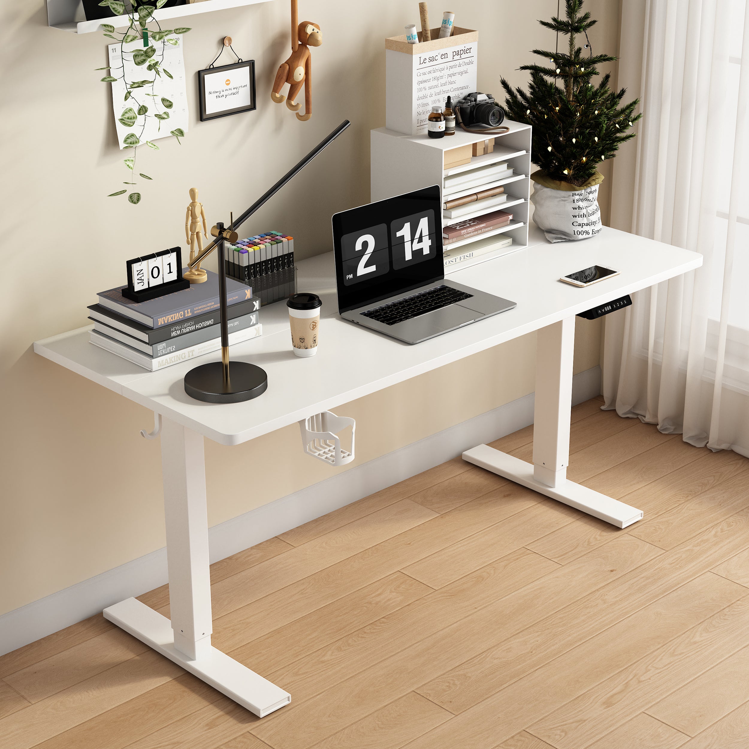 Elektryczne biurko, wymiary 70×140 cm, z funkcją pamięci i systemem antykolizyjnym, portami USB-A i Type-C, regulacja wysokości od 70 do 119 cm