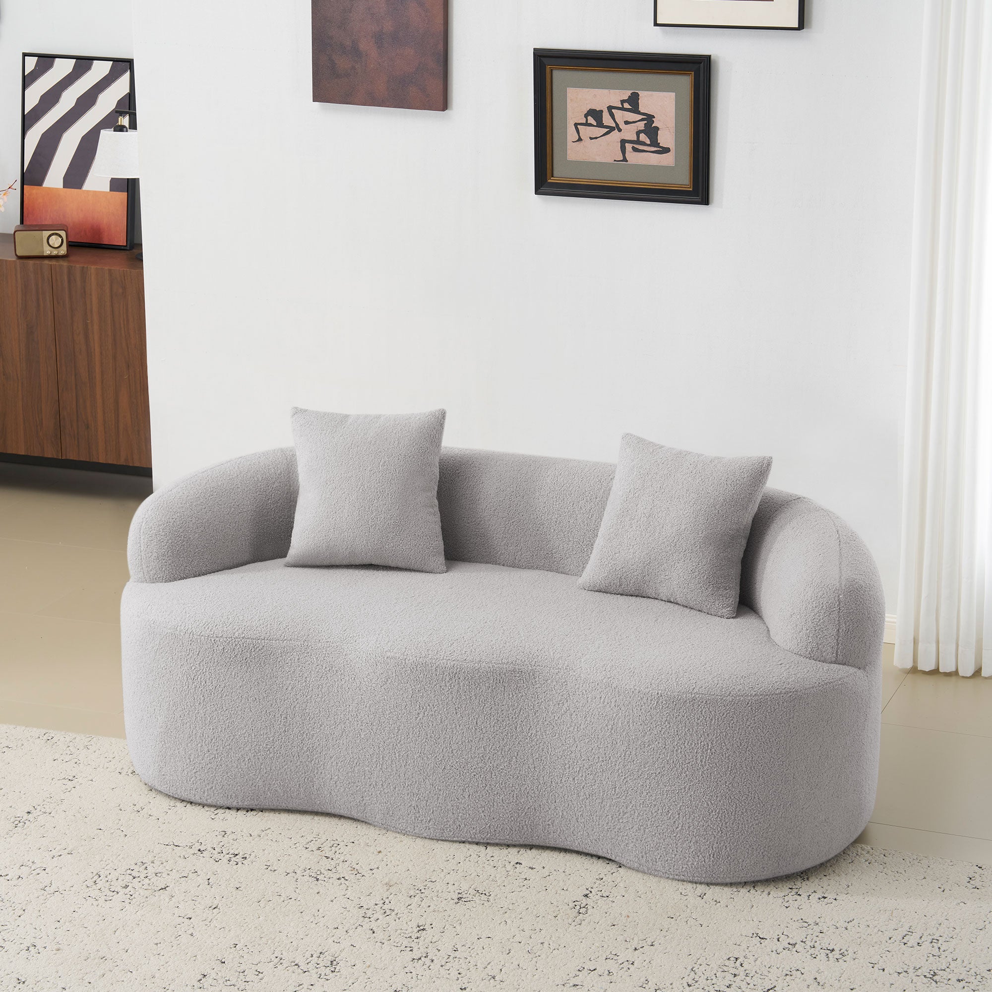 Jasnoszara, zakrzywiona podwójna sofa, okrągłe bransoletki, Sofa kompresyjna z 2 poduszkami, Beżowa sofa do sypialni, Nie wymaga montażu, JASNOSZARY
