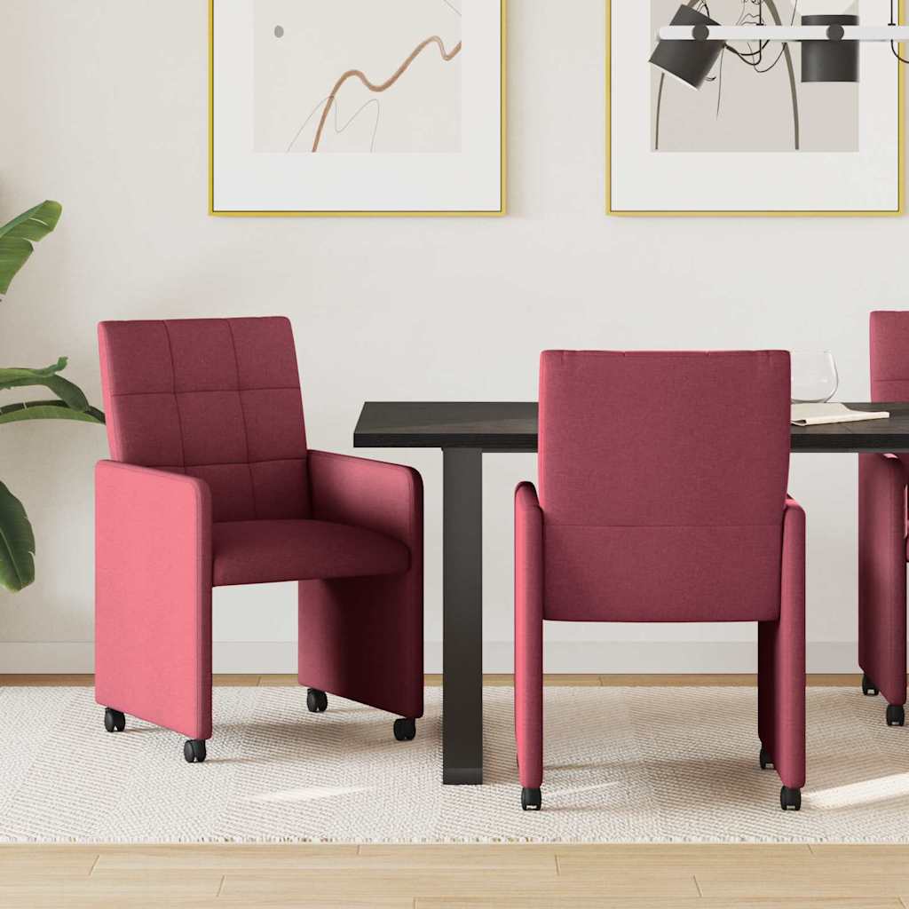 Krzesełka jadalne na kółkach 2 pcs czerwone wino tkanina vidaXL