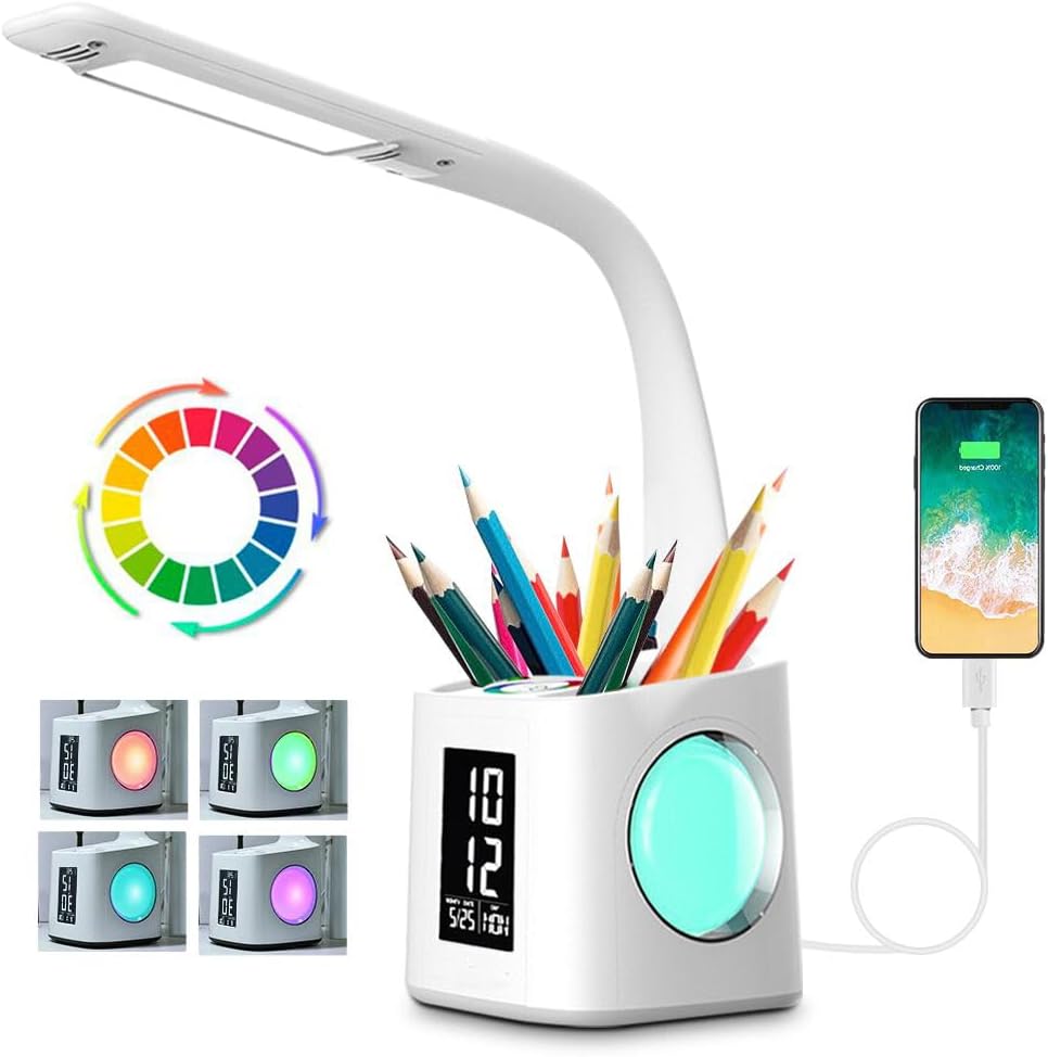 Lampka biurkowa LED chroniąca oczy, z portem ładowania USB, oświetleniem nastrojowym, 3 poziomami ściemniania, lampka do czytania 10 W.