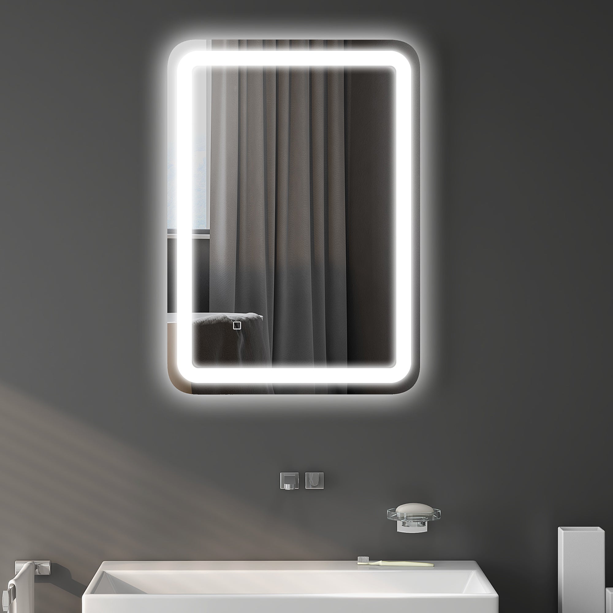 Lustro łazienkowe LED 70x90 cm srebrne, lustro ścienne przeciwmgielne z włącznikiem dotykowym, ściemniane 3 kolory do łazienki