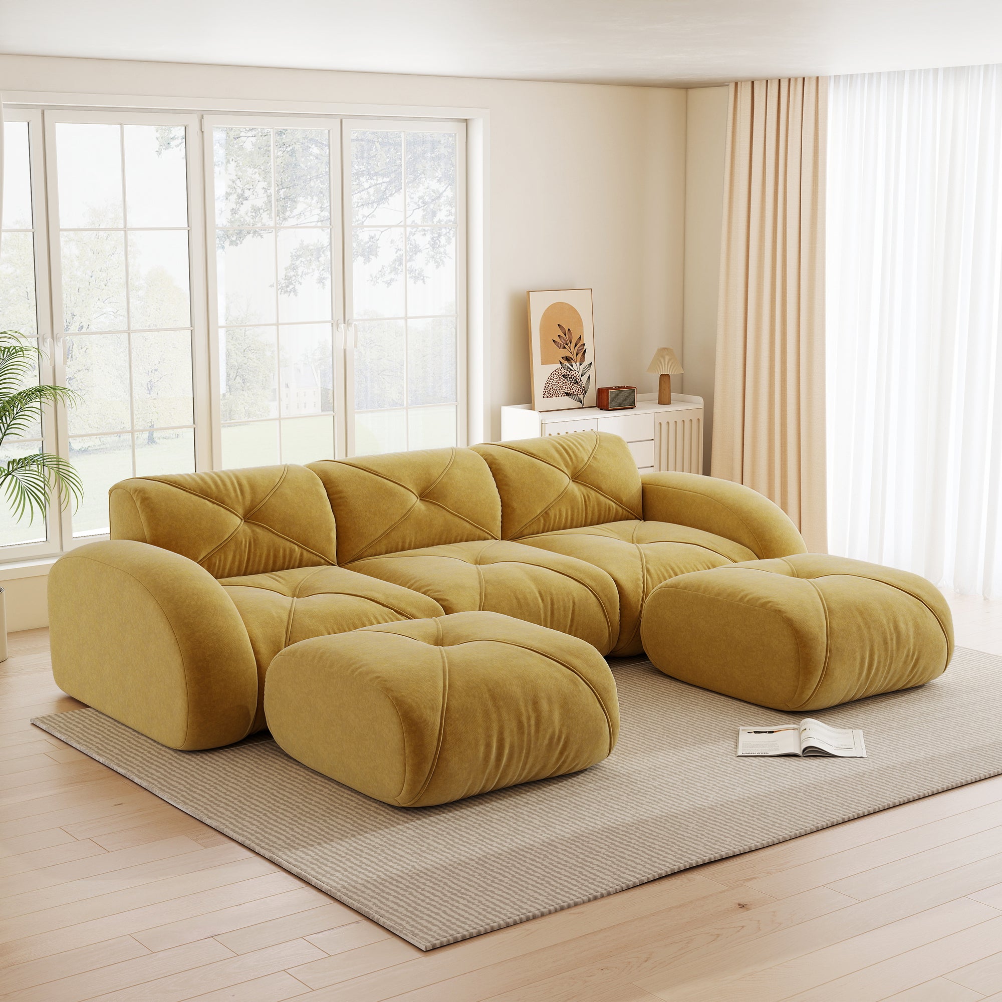 3-osobowa sofa modułowa w kształcie litery U, bezramowa sofa modułowa, w tym 2 taborety, odpowiednia do salonu, wygodna tkanina