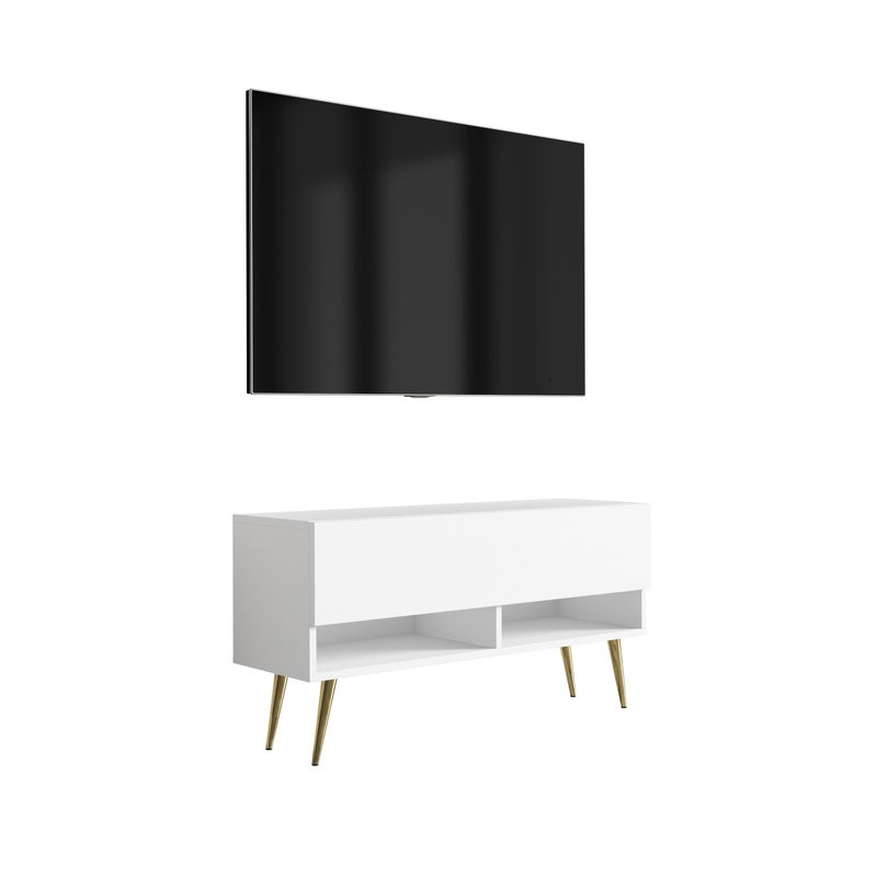 Szafka pod telewizor 100 cm Biały Mat, nóżki pochyłe złote, 100 × 32 × 52 cm