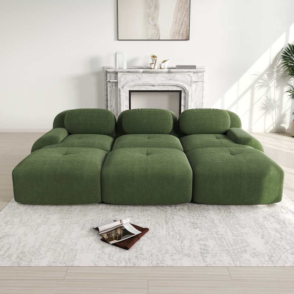 Modułowa sofa 3-osobowa z 3 pufami, dostarczana w stanie rozmontowanym, przyjazna dla zwierząt, szerokie podłokietniki, pianka 32D