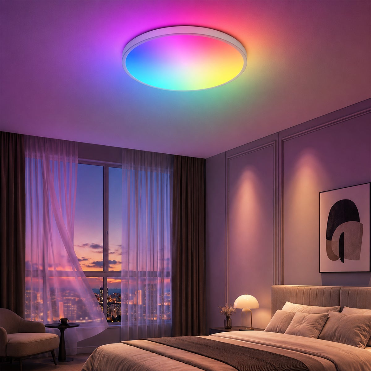 Plafon LED RGB 24 W Ø 30 cm, biały, regulacja jasności i temperatury barwowej 3000–6000 K, pilot, tryb nocny i pamięć ustawień