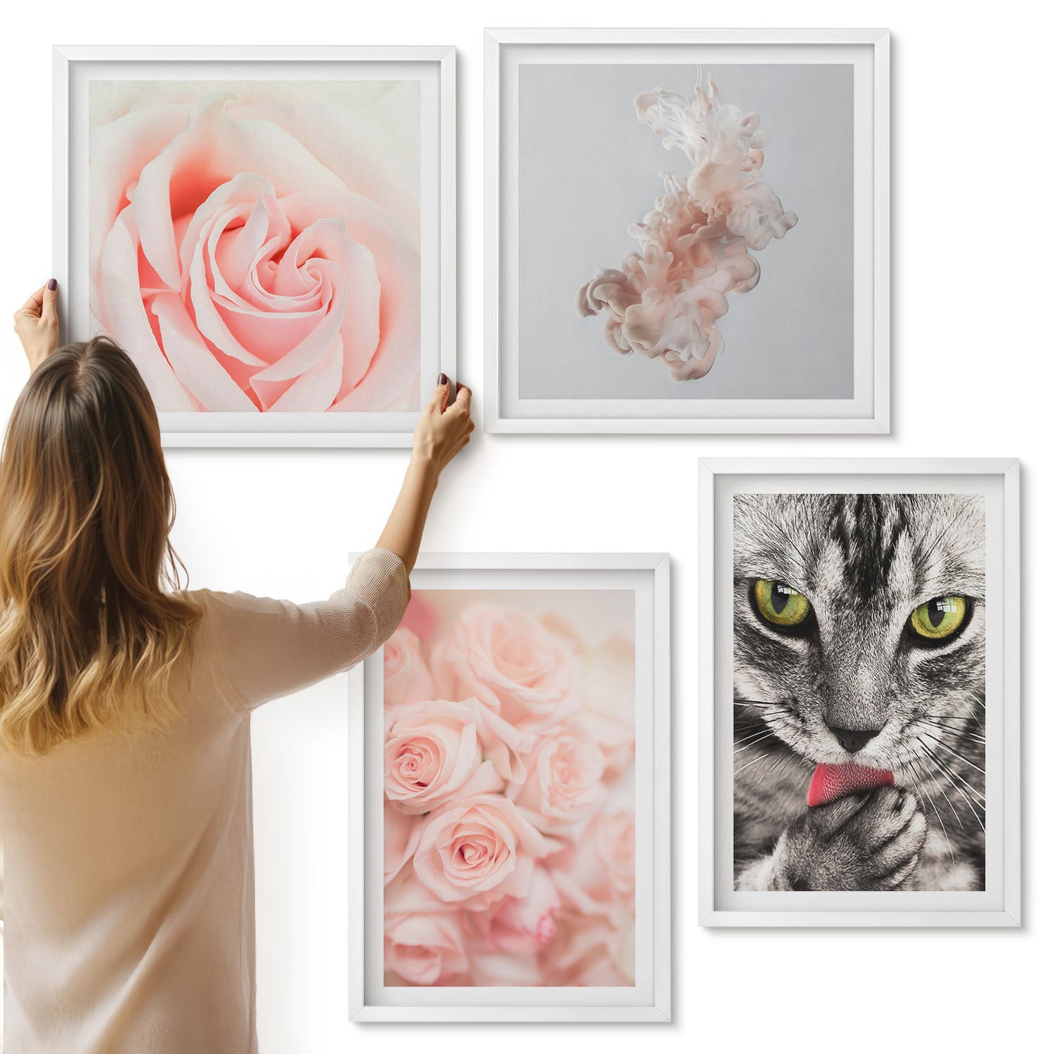 Galeria ścienna 4-częściowy komplet obrazów w białych ramach - Szary kot delikatne róże subtelna abstrakcja - ArtPrintCave