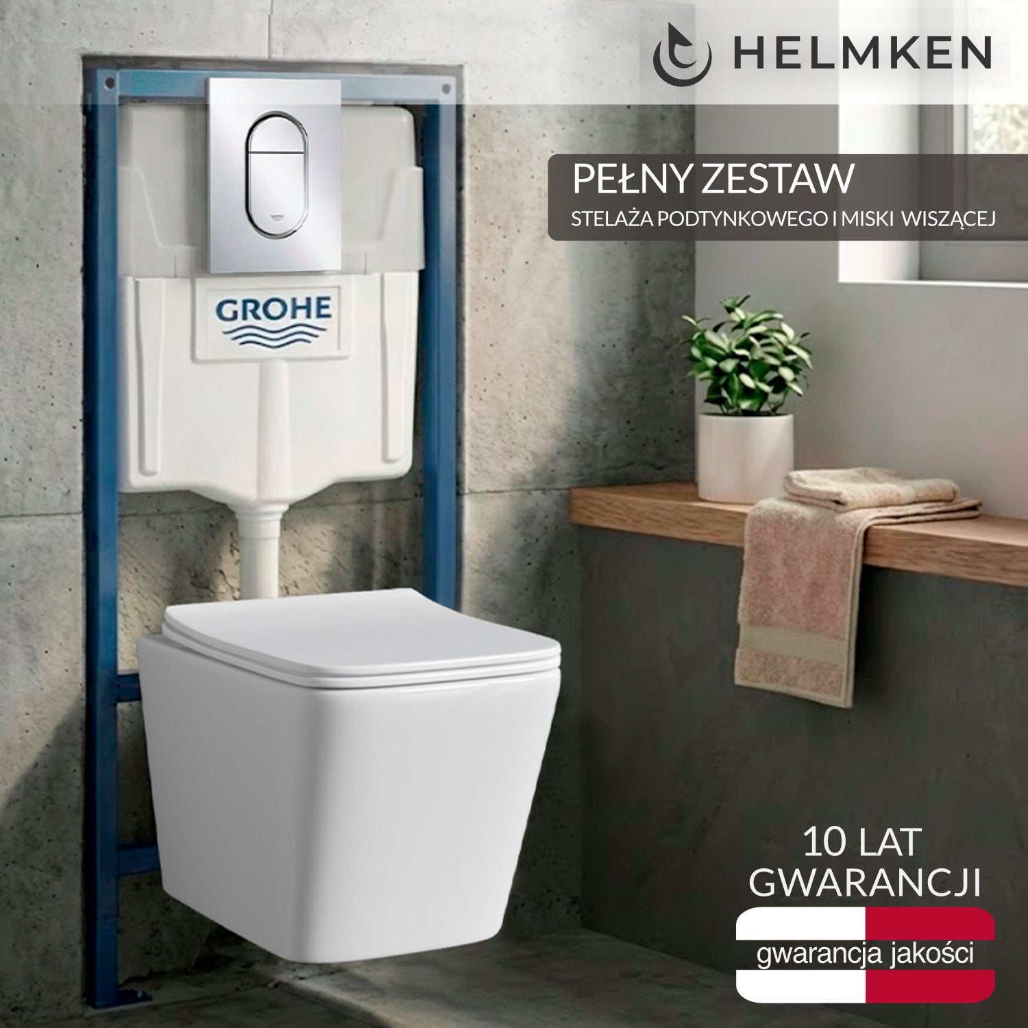 Zestaw podtynkowy WC 4w1: Stelaż Grohe, Chrom Przycisk 39702000, Miska bezkołnierzowa Helmken 35120001 (Biała), Deska wolnoopadająca duroplast