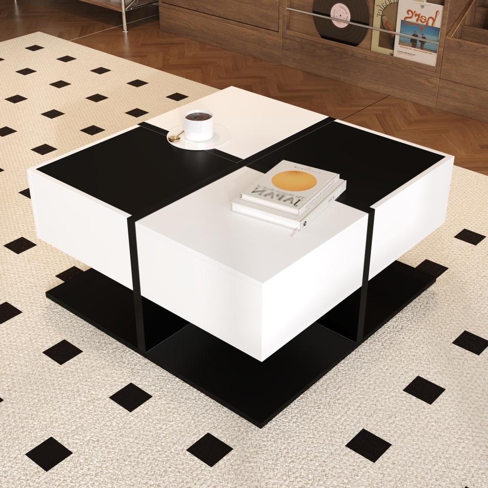 Stolik kawowy 70x70 cm, czarny/biały wysoki połysk, 2 szuflady,ciche domykanie – kwadratowy, z schowkiem, do nowoczesnego/minimalistycznego salonu