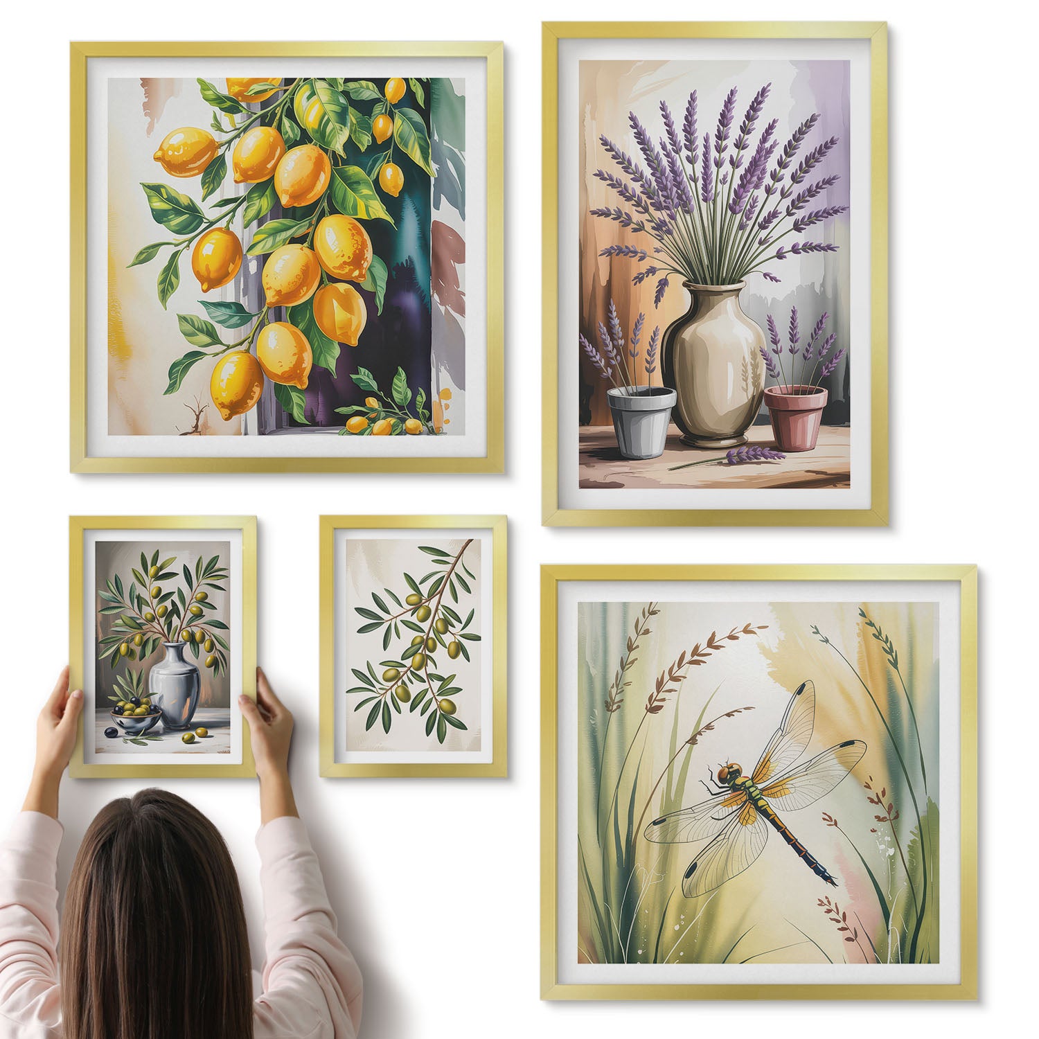 Galeria ścienna 5-częściowy komplet obrazów w złotych ramach - Kwiatowe kompozycje z oliwkami i cytrynami w stylu rustykalnym - ArtPrintCave