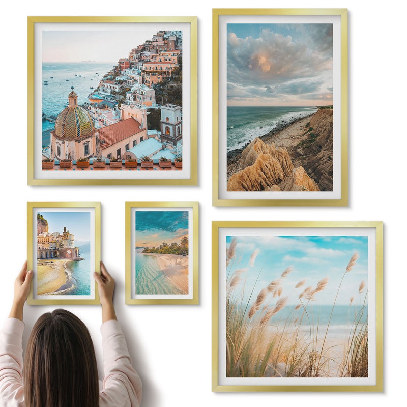 Galeria ścienna 5-częściowy komplet obrazów w złotych ramach - Krajobrazy nadmorskie i malownicze plaże świata - ArtPrintCave