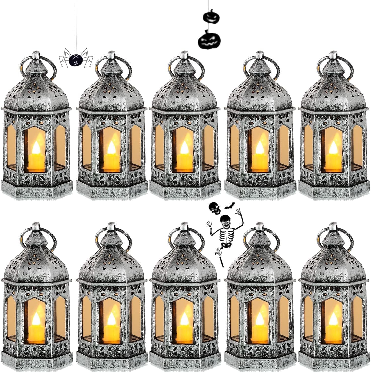 Miniaturowe lampiony zewnętrzne LED, dekoracyjne świece na Halloween, Ramadan, wesela i Boże Narodzenie, zestaw 10 sztuk, srebrne