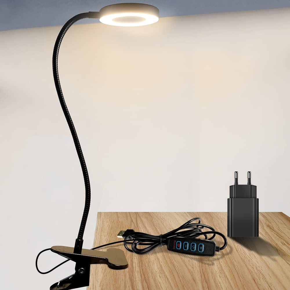 Lampka Biurkowa LED Lampka z Klipsem z Ładowarką USB Elastyczna Lampka Czytania Klipsem Tryby Oświetlenia Poziomów Ściemniania Inteligentny Przycisk