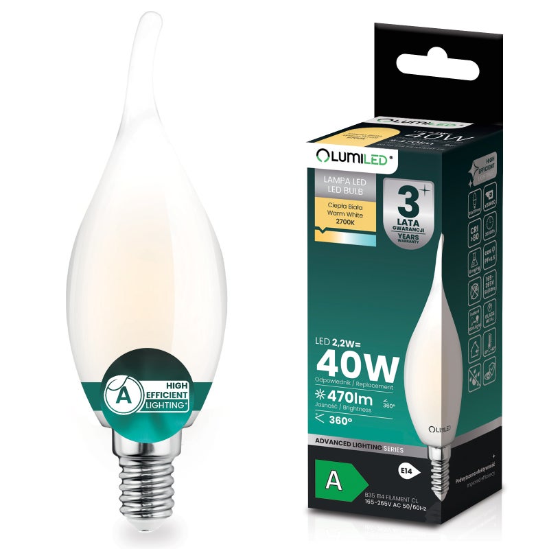 Żarówka LED Lumiled E14 Świeczka BA35 2.2 W 470 lm 2700K Ciepła biel 360st Filament Klasa A
