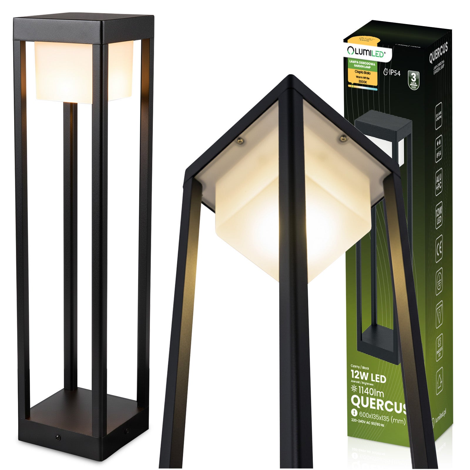 Lampa Ogrodowa Lumiled Słupek Zewnętrzny Stojący LED 12W 3000K Ciepła biel 60cm Czarny 1szt.