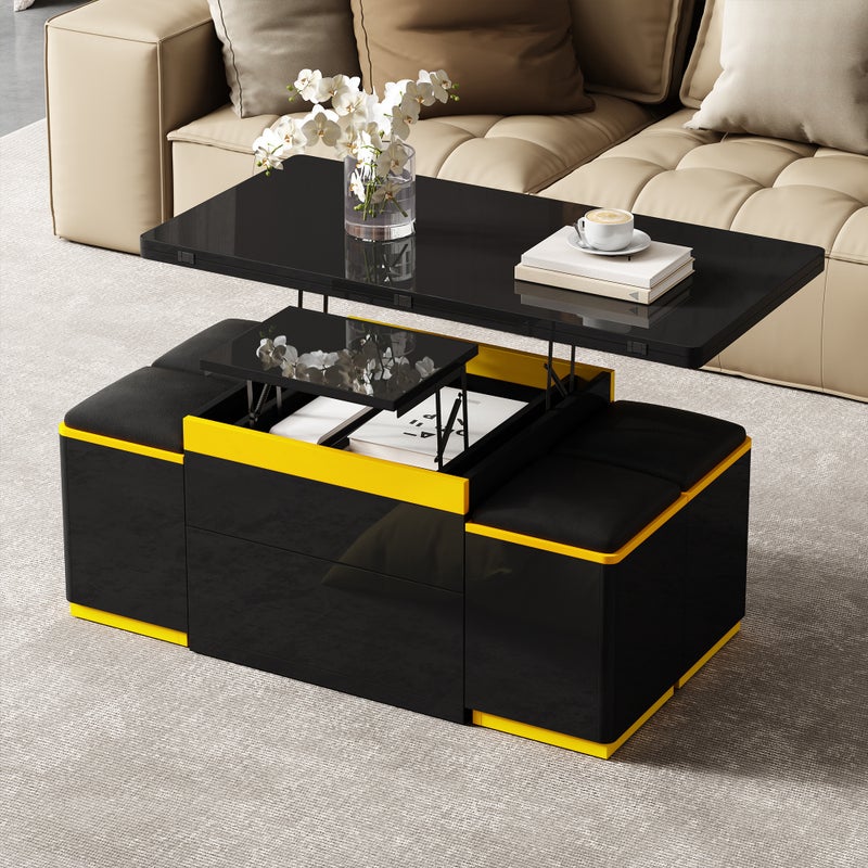 Nowoczesny stolik kawowy z podnoszonym blatem 100 x 50 x 43 cm - z 4 hokerami ze schowkiem - 1 szuflada - czarny + żółty