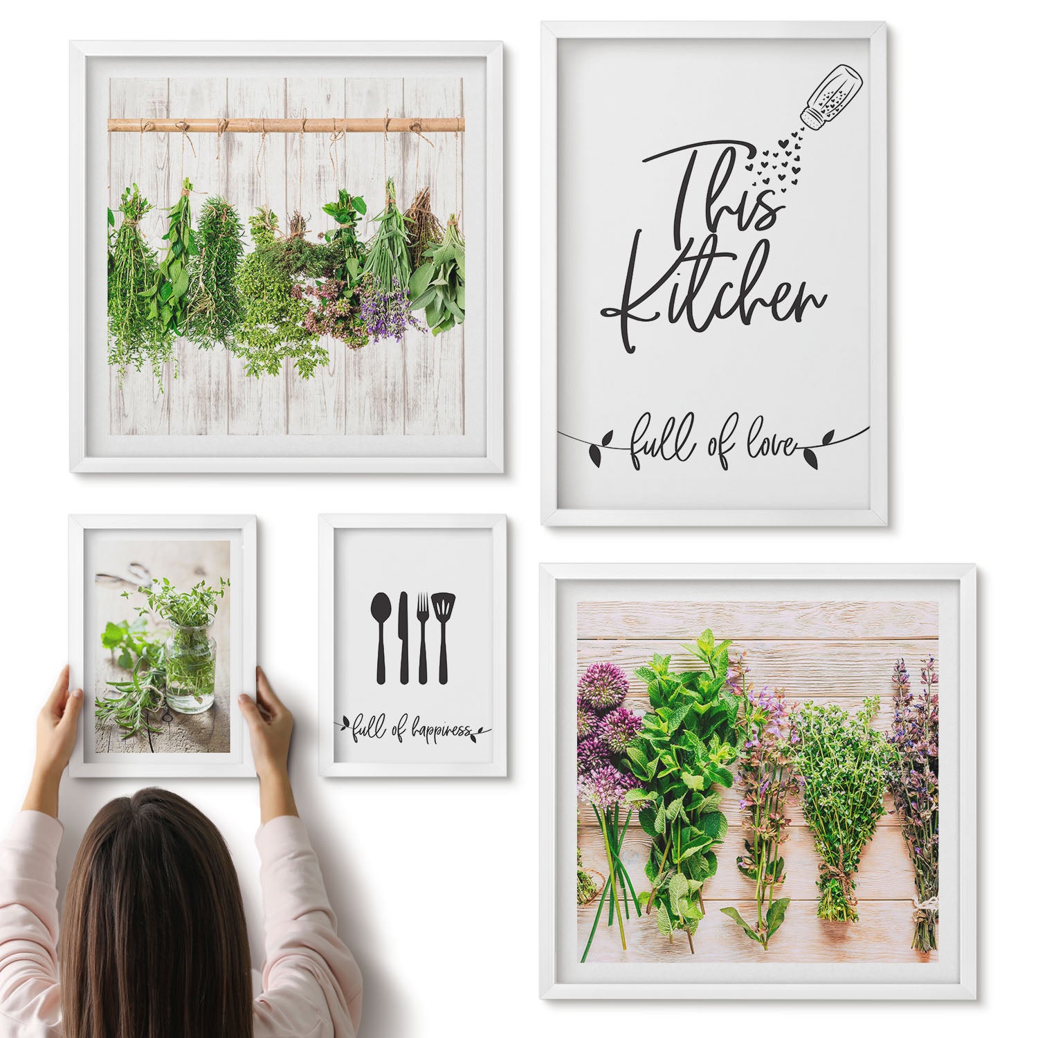 Galeria ścienna 5-częściowy komplet obrazów w białych ramach - Kuchenne inspiracje ziołowe w stylu rustykalnym - ArtPrintCave
