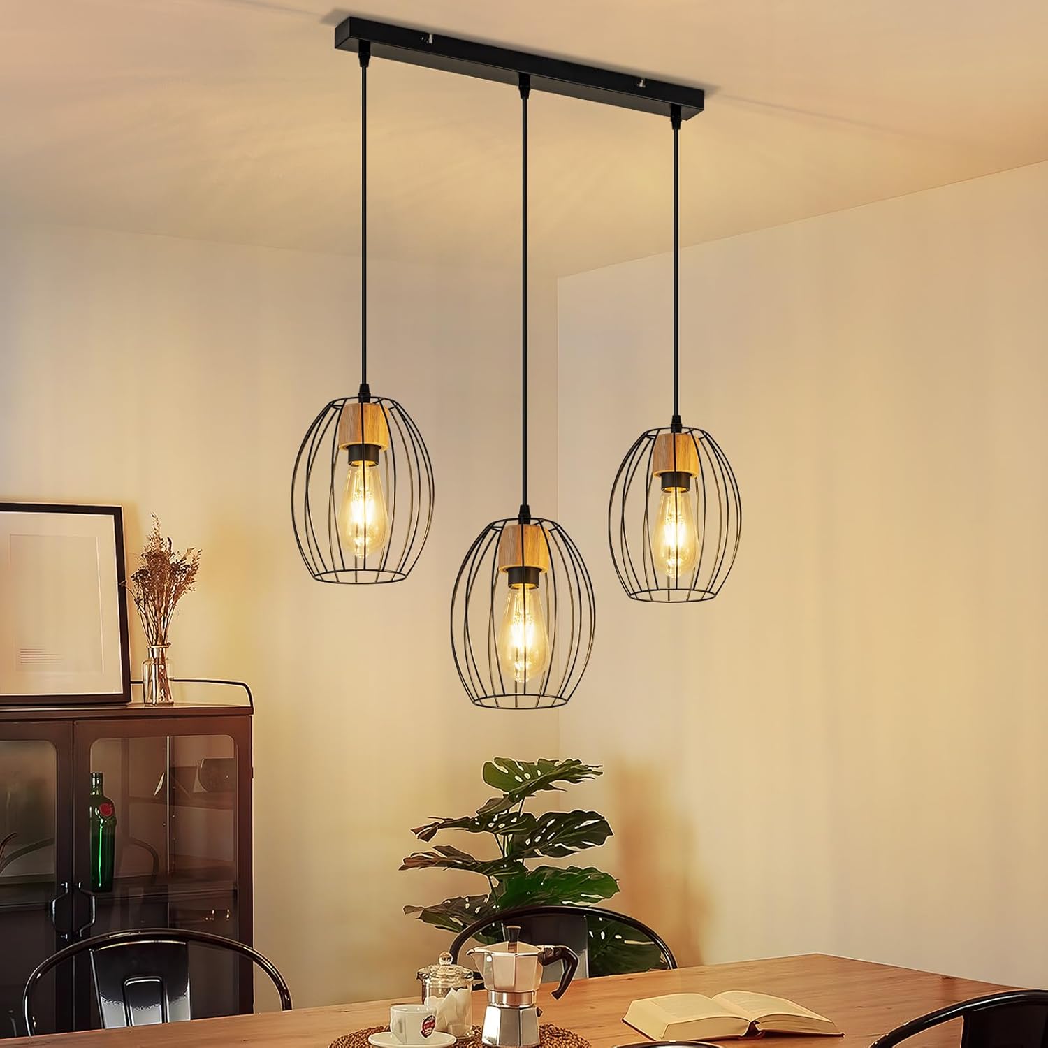 Lampa wisząca Nettlife Vintage na stół jadalny - 3-punktowa lampa wisząca na stół, czarny metal, gniazdo E27, styl retro (żarówki nie są dołączone).