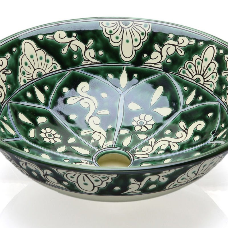 Meksykańska ceramiczna umywalka nablatowa Baila – okrągła umywalka łazienkowa półwpuszczana 40,5 x 15 cm | Umywalka z motywami Talavera