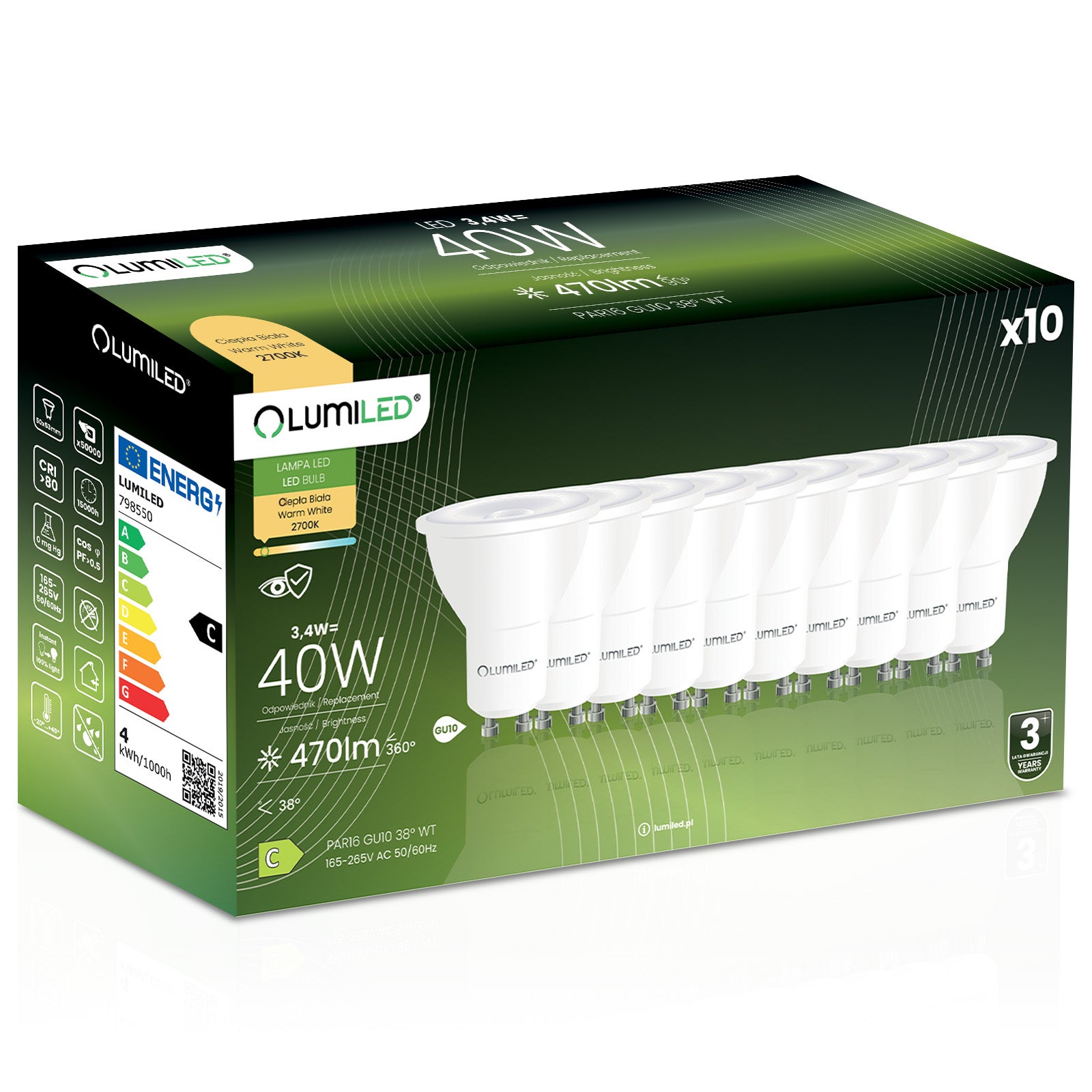 Żarówka LED Lumiled GU10 Reflektor PAR16 3.4W 470lm 2700K Ciepła biel 38st 10 szt.