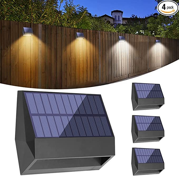 Zestaw 4 lamp solarnych do ogrodzenia, wodoodpornych IP65, do użytku na zewnątrz, do oświetlenia tarasu, podwórka, balustrad, murków, schodów, patio.