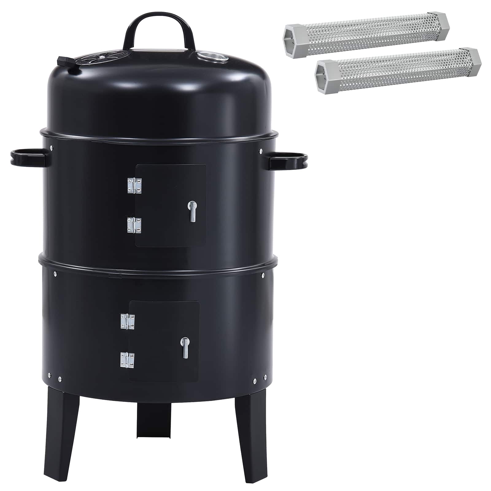 Grill Węglowy Okrągły z Wędzarnią 3w1 Stalowy Czarny do Ogrodu