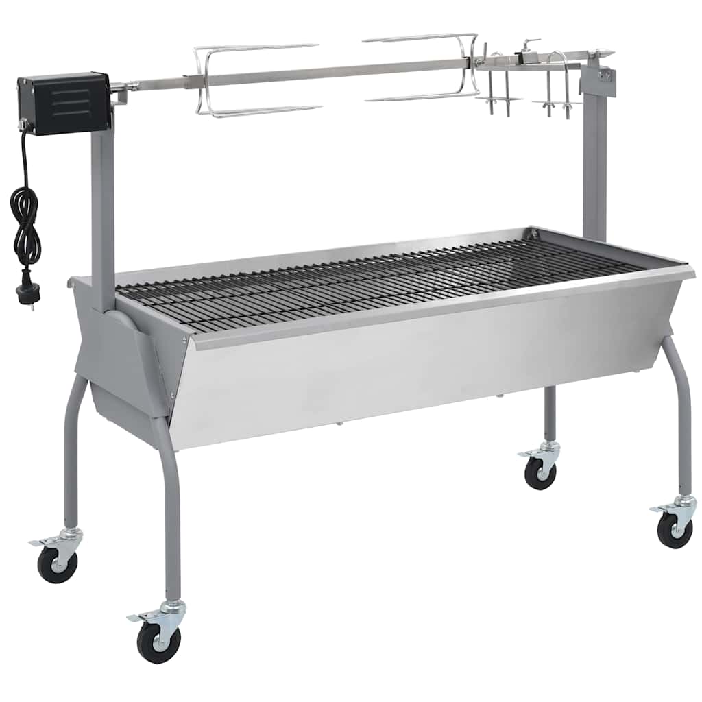 Grill Węglowy z Rożnem z Silnikiem Elektrycznym Srebrny