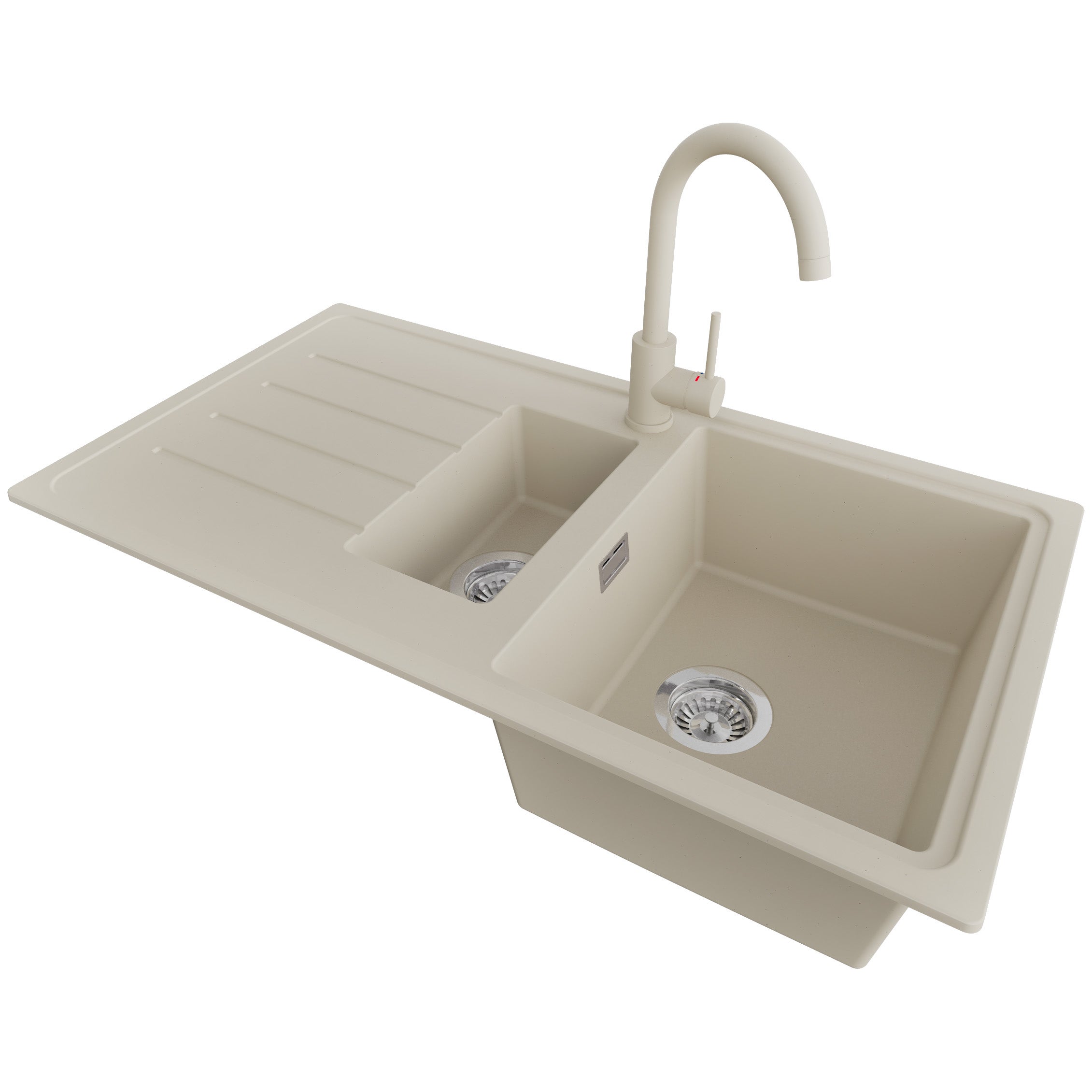 Zlewozmywak Granitowy Beżowy 90x50cm, Zlew Kuchenny 1,5 Komorowy + Bateria 32x20cm + Syfon, Nablatowy do Szafki od 60cm - Kopenhaga Duo PRIMAGRAN