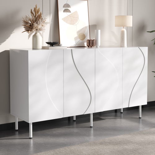 Nowoczesna komoda 140x40x77,5 cm - 4 drzwi gięte 3D - Płyta wiórowa i MDF - Nogi metalowe - Kolor biały