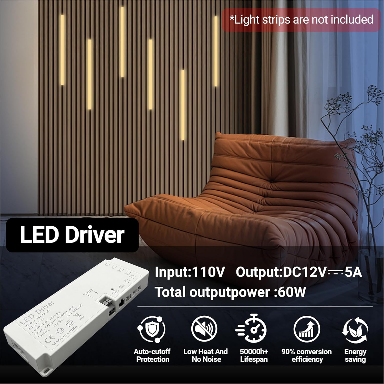 Akcesoria oświetleniowe LED, zasilacz (12V 5A 60W), z 1 lutowanym przedłużaczem.