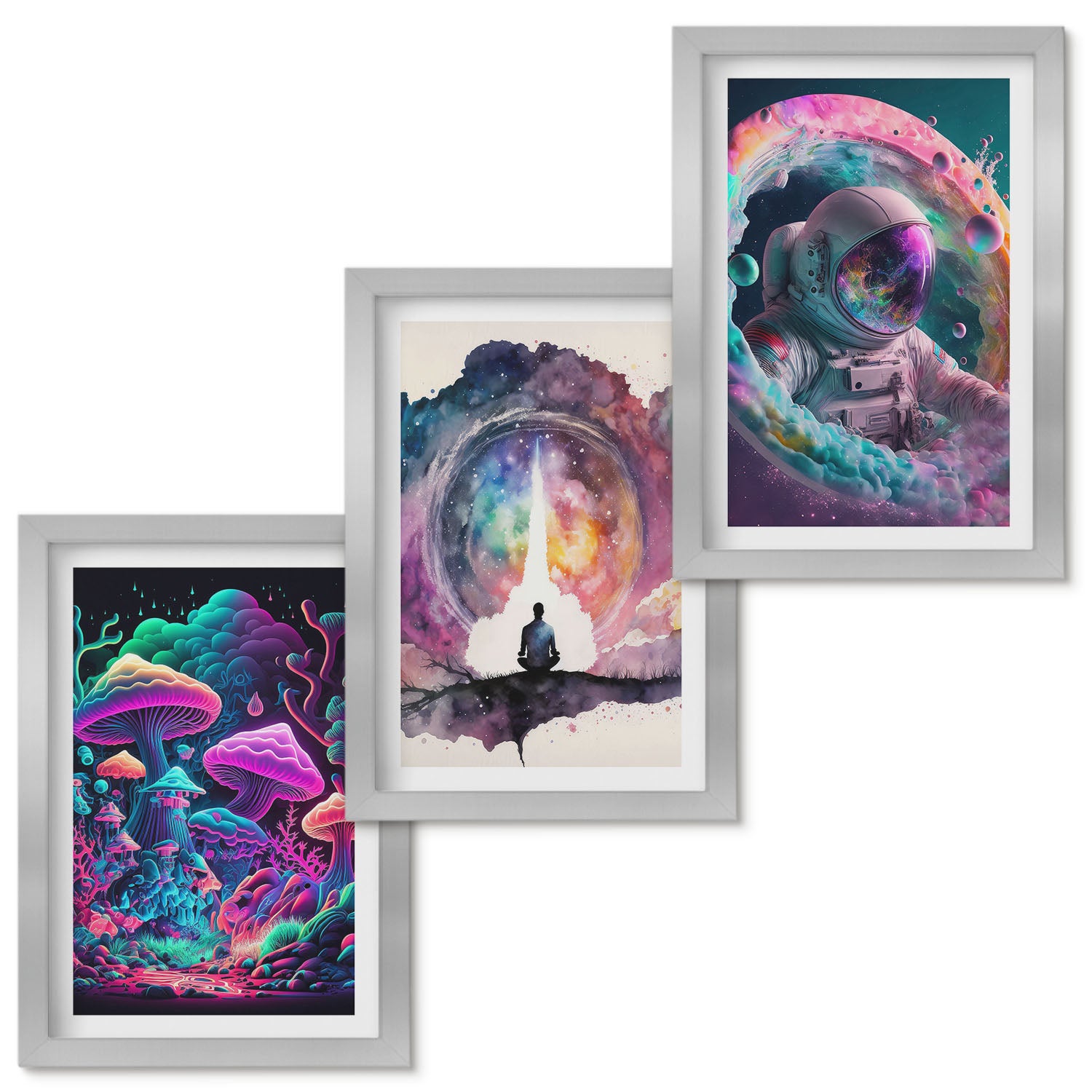 Zestaw obrazów w ramie - 3 części | Kolorowe ilustracje w stylu fantasy sztuka | Srebrna ramka