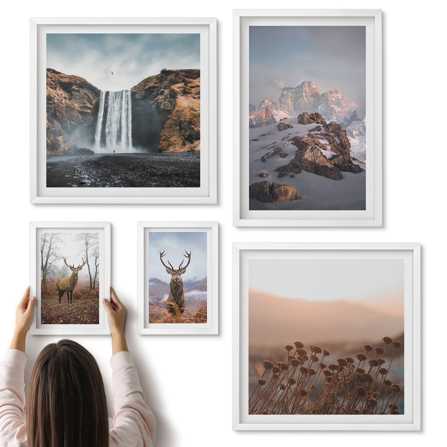 Galeria ścienna 5-częściowy komplet obrazów w białych ramach - Krajobrazy górskie z dziką przyrodą i zwierzętami - ArtPrintCave