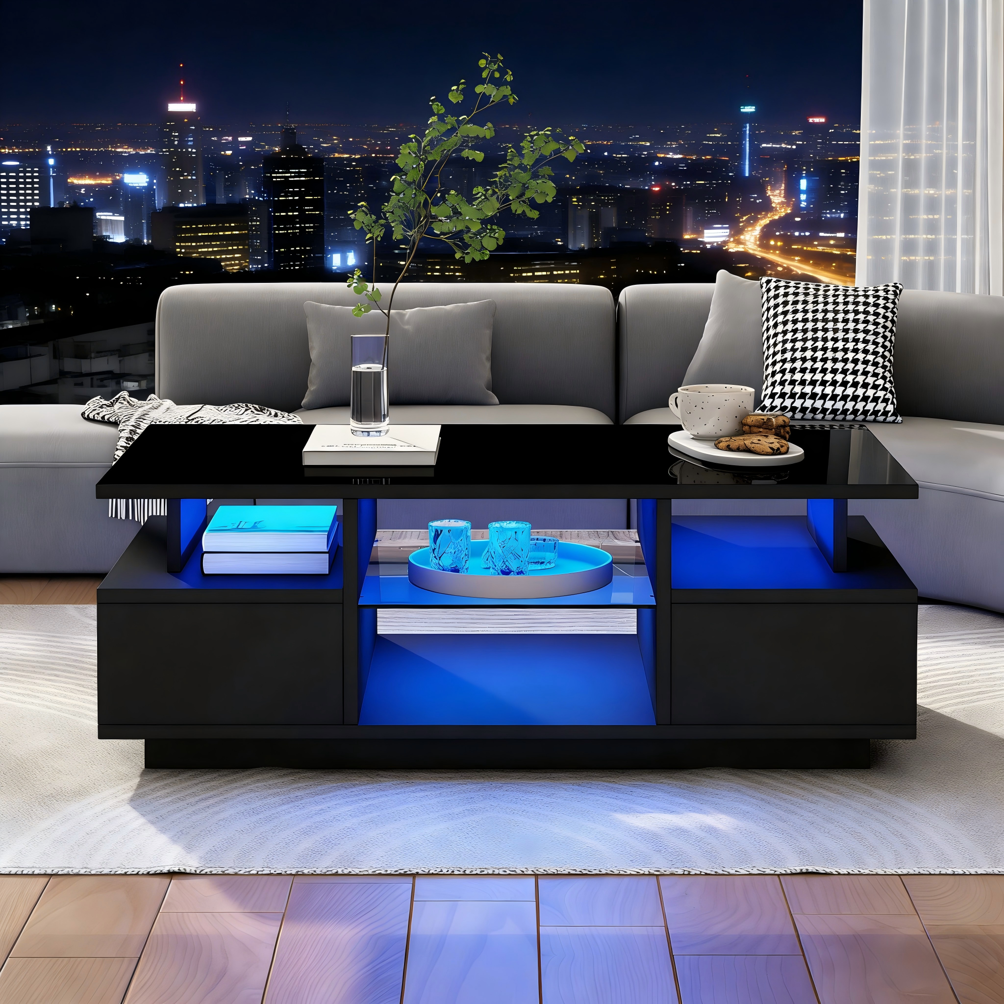 Stolik kawowy 100 x 50 x 36 cm z 2 szufladami, stolik boczny LED o wysokim połysku, stolik kawowy z otwartą przestrzenią do przechowywania