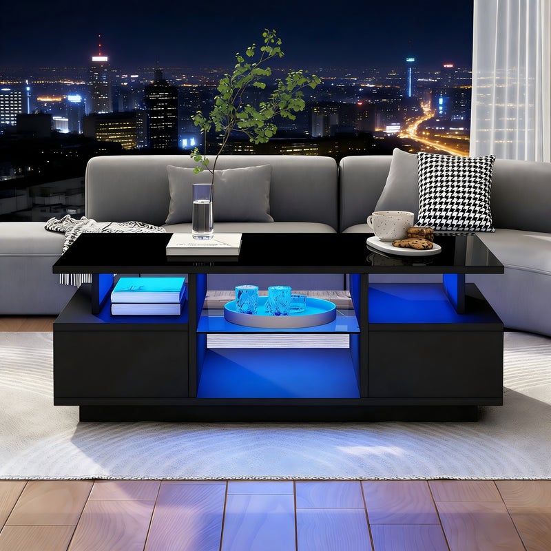 Stolik kawowy 100 x 50 x 36 cm z 2 szufladami, stolik boczny LED o wysokim połysku, stolik kawowy z otwartą przestrzenią do przechowywania