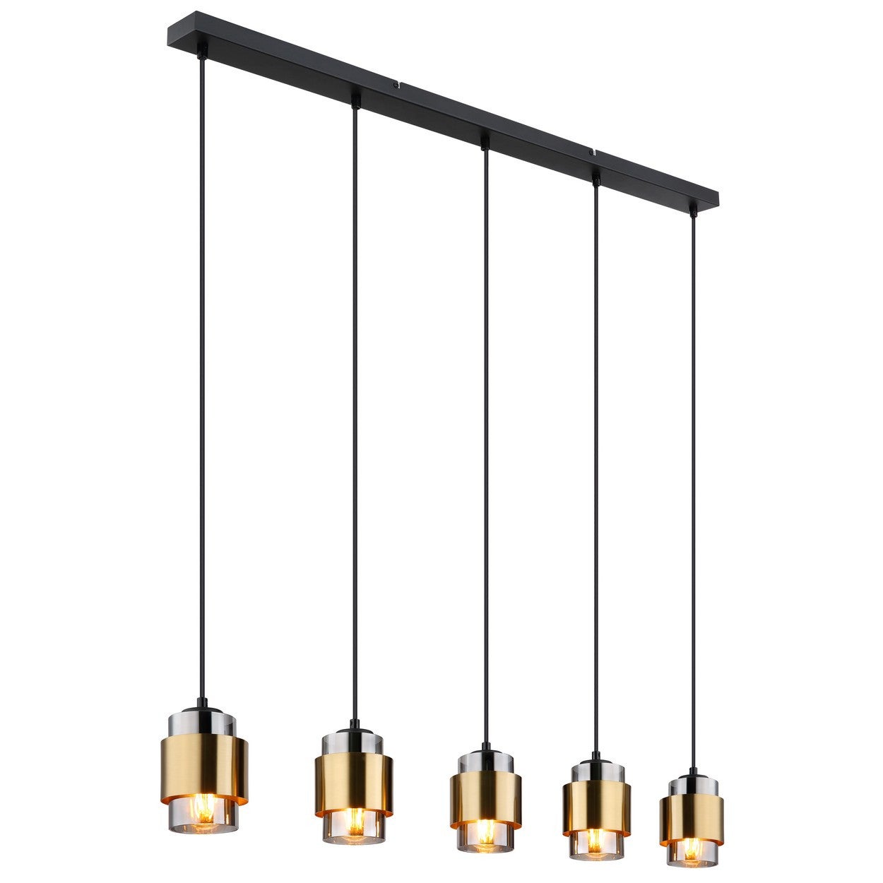 Lampa wisząca Globo Milley Bar, matowy czarny klosz z przydymionego szkła, 5 żarówek E27