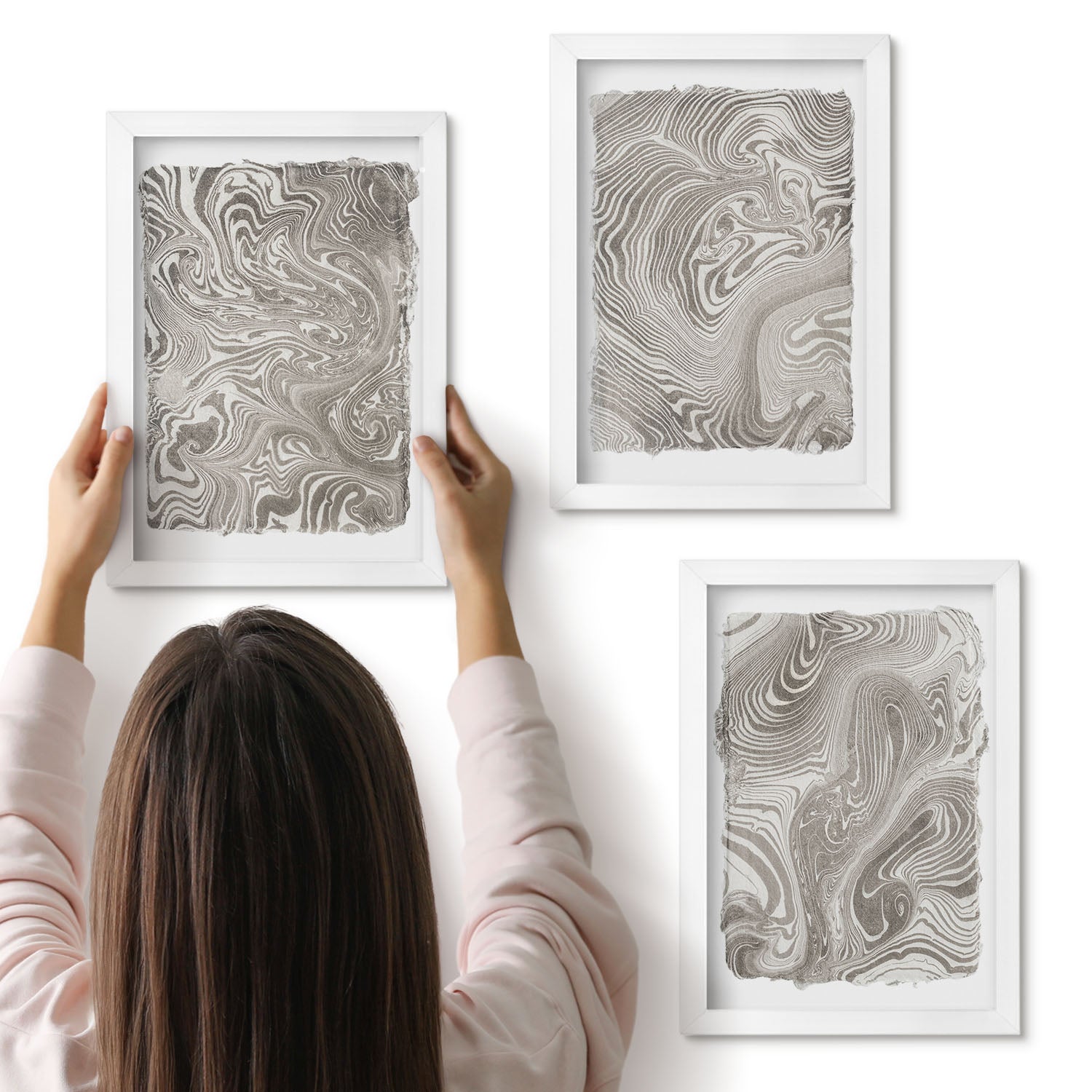 Galeria ścienna 3-częściowy komplet obrazów w białych ramach - Nowoczesne kształty malarstwo abstrakcyjne - ArtPrintCave