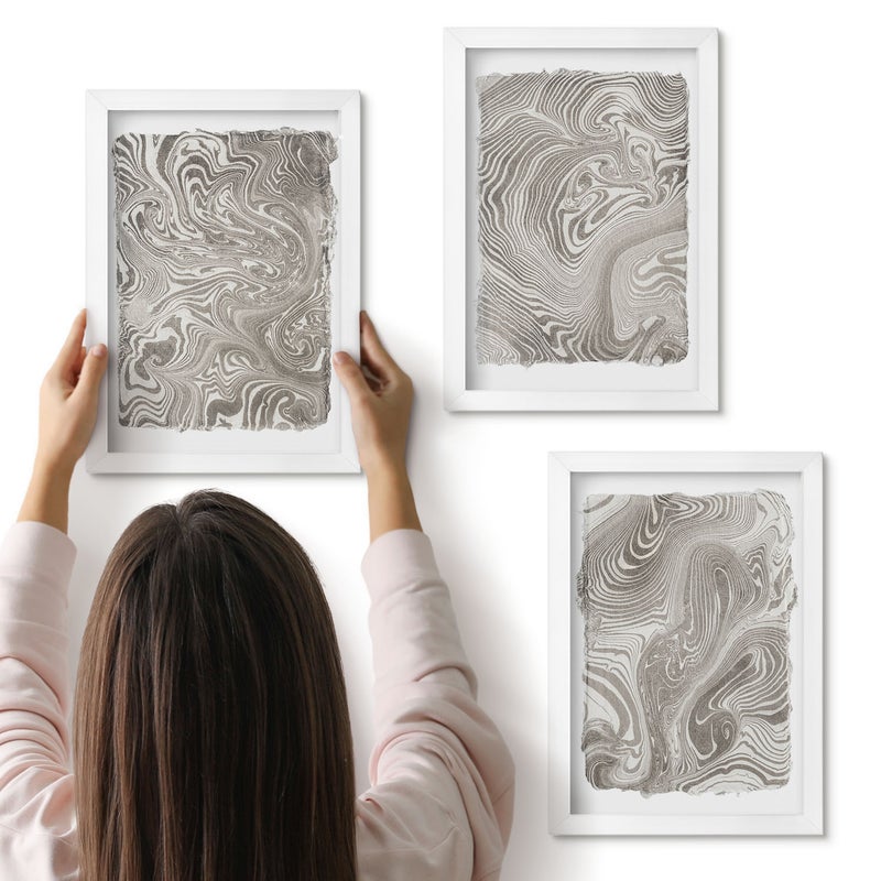 Galeria ścienna 3-częściowy komplet obrazów w białych ramach - Nowoczesne kształty malarstwo abstrakcyjne - ArtPrintCave