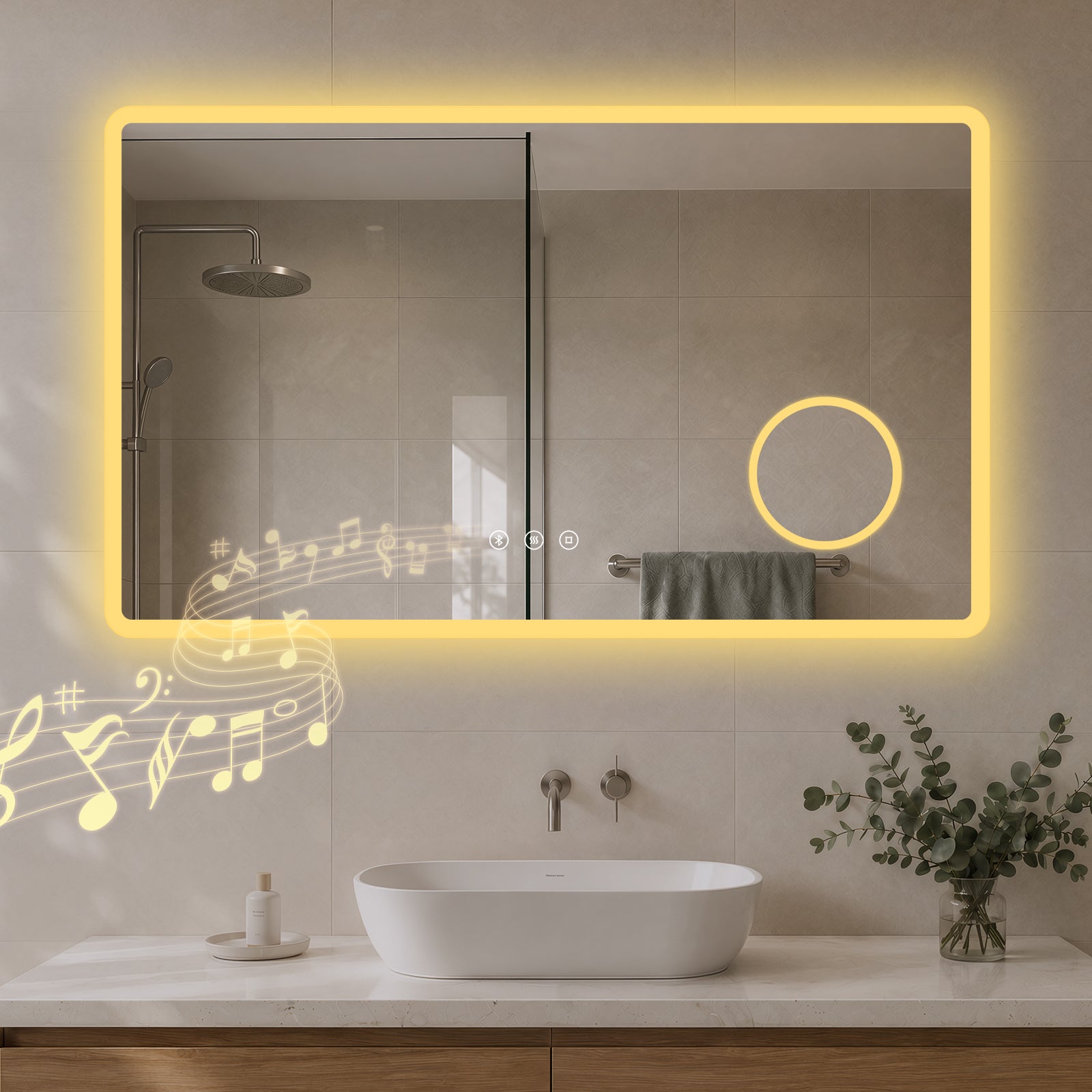 Lustro z oświetleniem LED 60 × 100 cm z Bluetooth, lustro inteligentne z powiększeniem 3×, przeciwmgielne, 3 temperatury światła, pamięć
