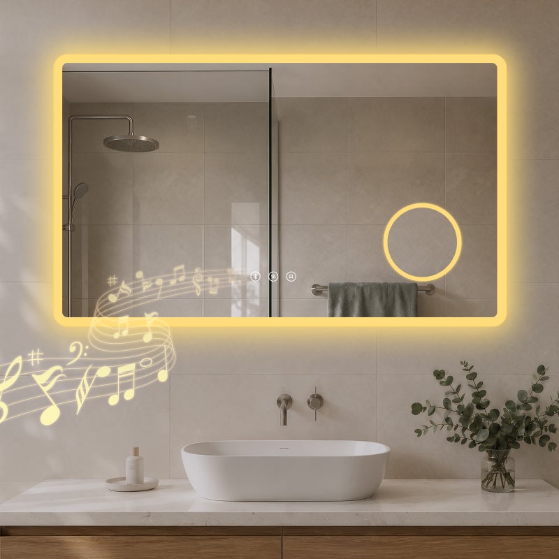 Lustro z oświetleniem LED 60 × 100 cm z Bluetooth, lustro inteligentne z powiększeniem 3×, przeciwmgielne, 3 temperatury światła, pamięć