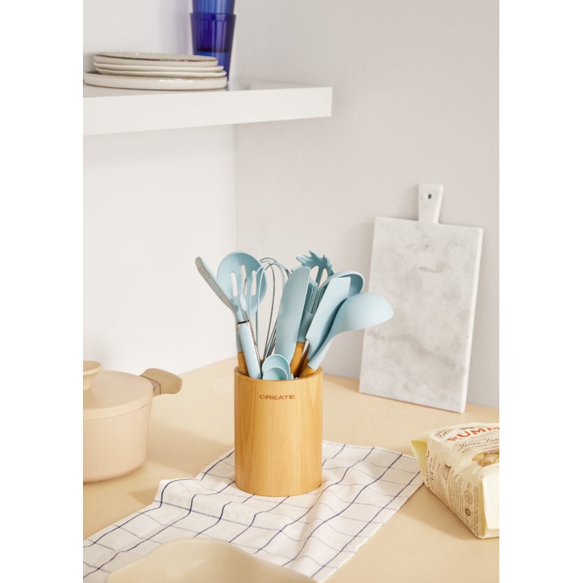 CREATE - KITCHENWARE STUDIO - Zestaw akcesoriów kuchennych wykonanych z silikonu e drewna - Bleu pastel