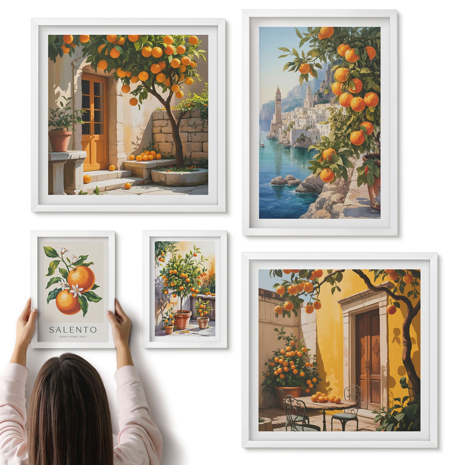 Galeria ścienna 5-częściowy komplet obrazów w białych ramach - Klimatyczne widoki z owocowymi akcentami na ścianę - ArtPrintCave