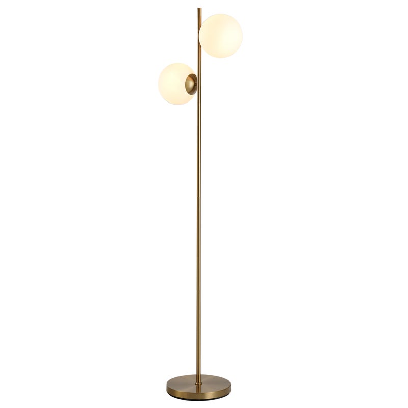 Designerska lampa podłogowa w stylu neo-retro, 2 głowice kuliste, maks. 40 W, metal w kolorze złotym