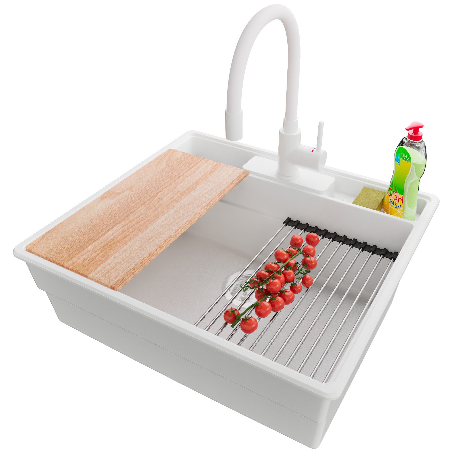 Zlewozmywak Granitowy Biały 58x53cm, Zlew Kuchenny 1 Komorowy + Syfon + Akcesoria, Nablatowy do szafki od 60cm - Nowy Jork PRIMAGRAN