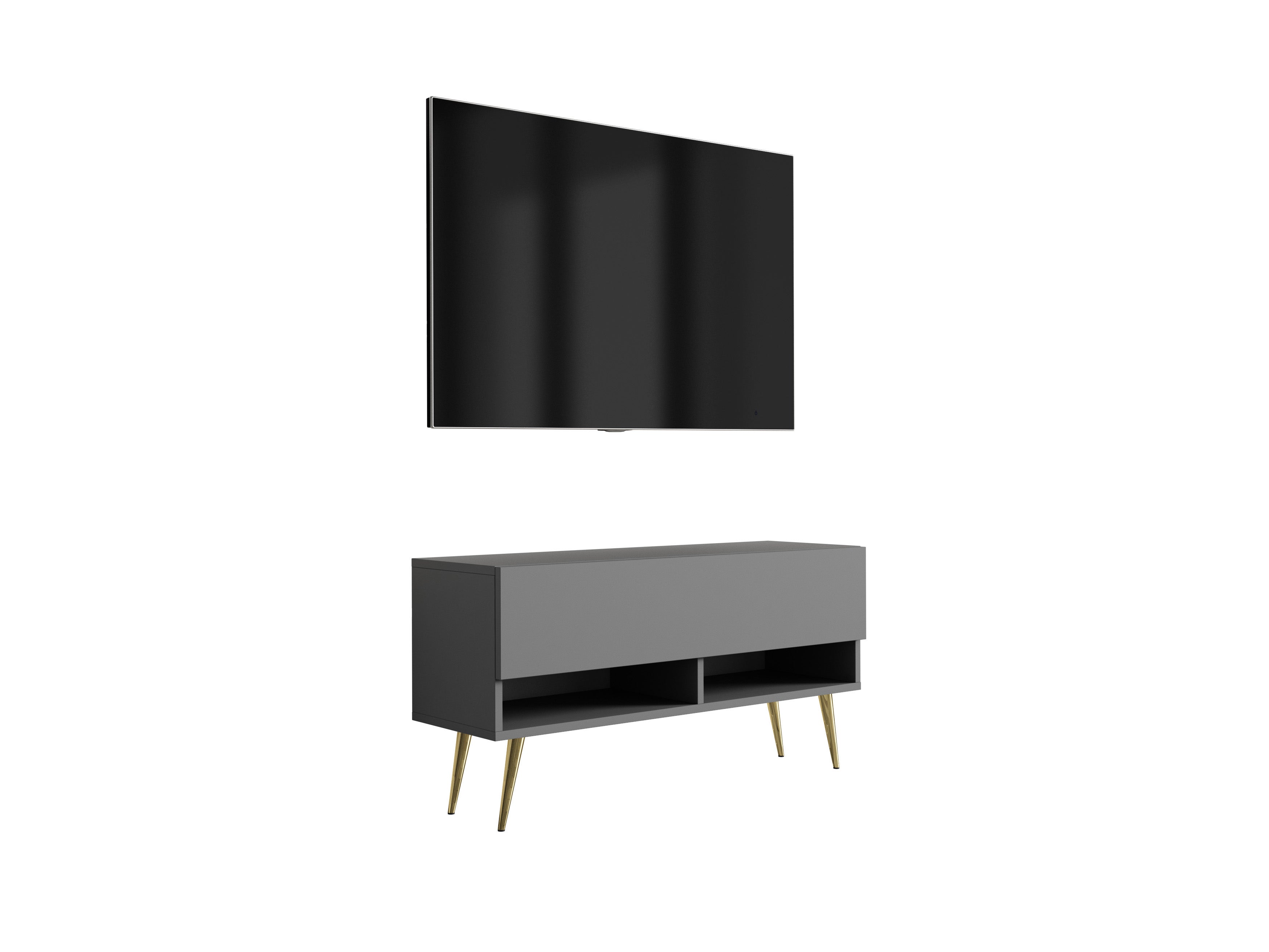 Szafka pod telewizor 100 cm Antracyt, nóżki pochyłe złote, 100 × 32 × 52 cm