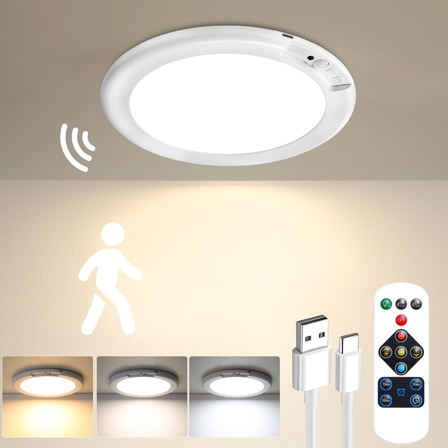 Bezprzewodowa, zasilana bateryjnie magnetyczna lampa sufitowa/ścienna z czujnikiem ruchu i pilotem zdalnego sterowania.