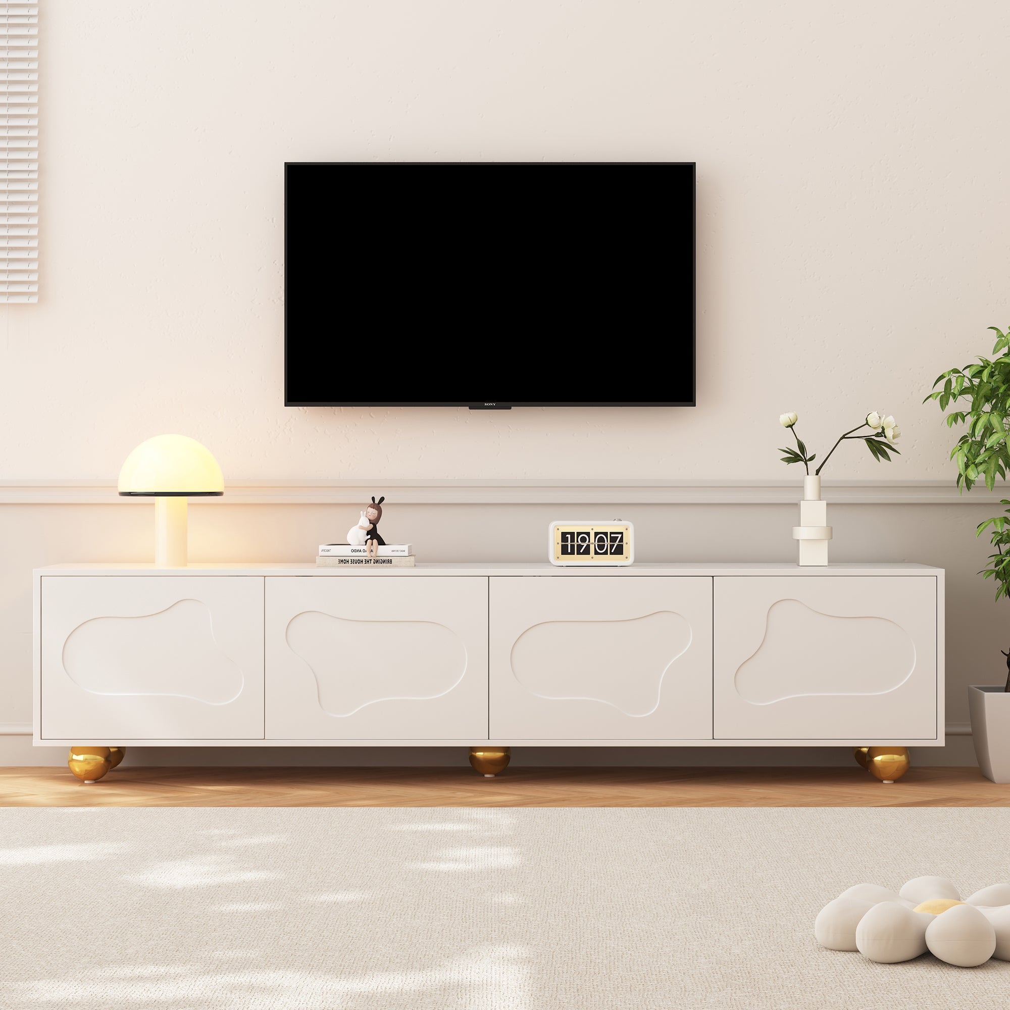 Szafa pod TV 180x40x45 cm - 4 drzwi - na telewizory 75 cali - biała