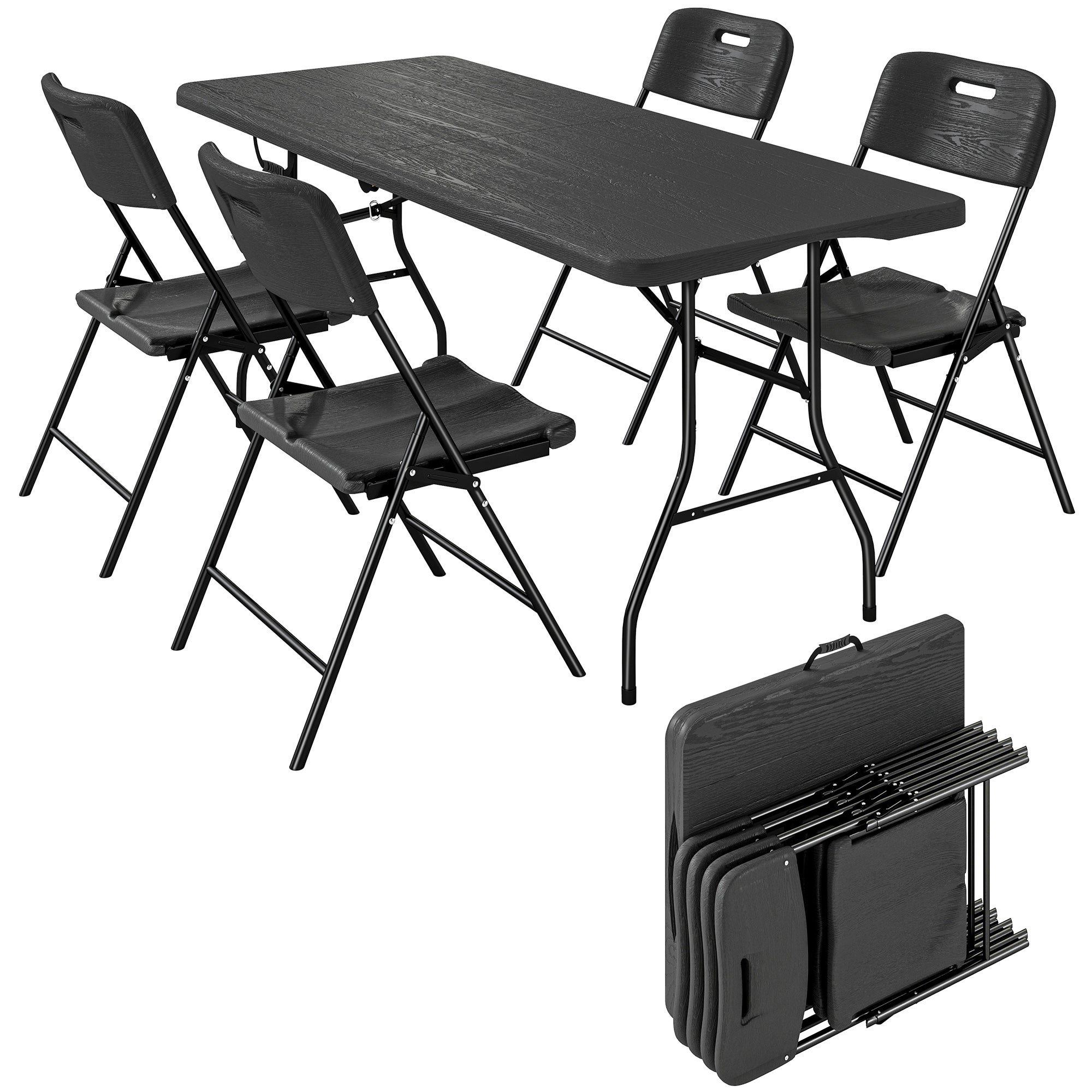Camping stół i krzesło zestaw 5 Pieces z składany stół i 4 krzesła, czarny HDPE i metal