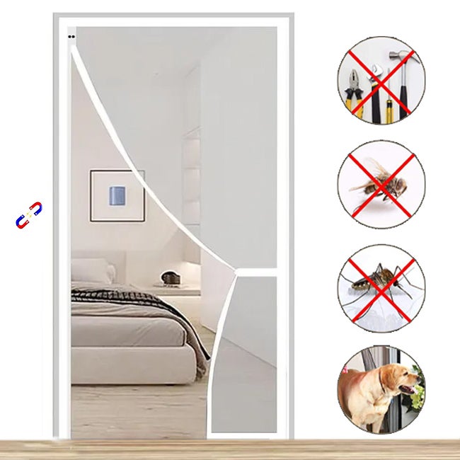 Zasłona drzwiowa przeciw owadom z magnesami i paskami samoprzylepnymi, magnetyczna moskitiera na drzwi, biała, 100 cm x 220 cm