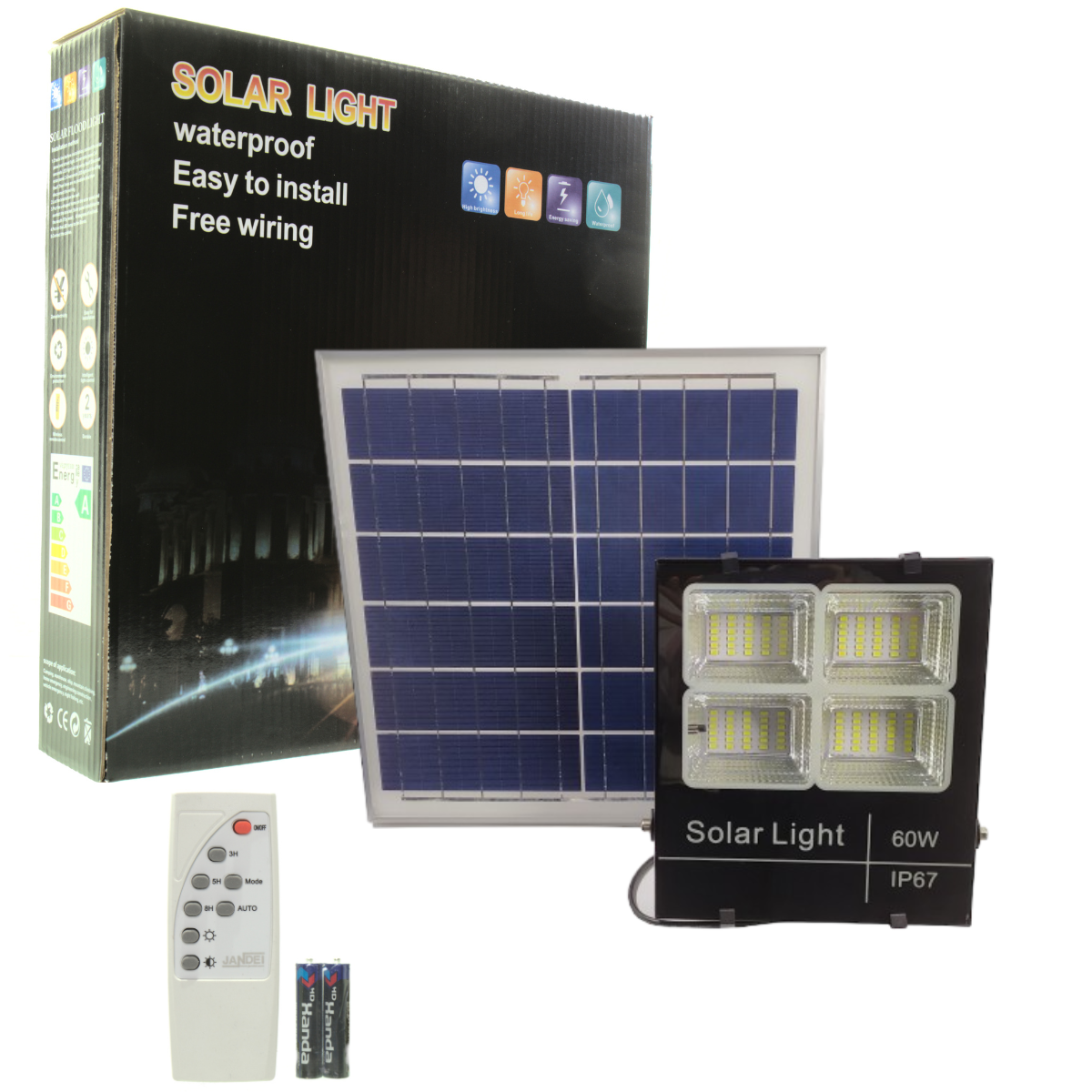Projektor solarny LED 60W oddzielny panel bateria litowa 600 lumenów 120 diod LED