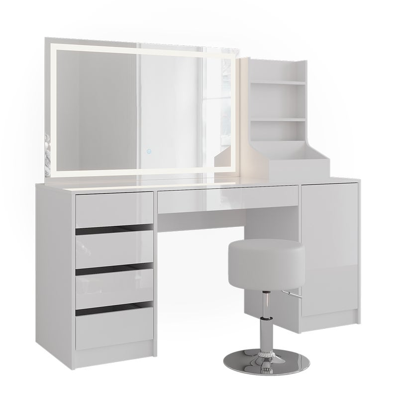 Vicco Stół do toalety Sherry, Biały/Biały wysoki połysk, 158.2 cm z lustrem LED i stołkiem